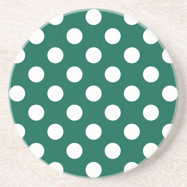 White polka dots on sage green drink coaster (Front)