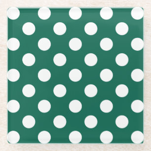 White polka dots on sage green glass coaster