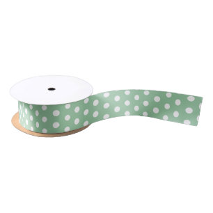 White Polka Dots on Sage Green  Satin Ribbon