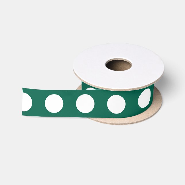 White polka dots on sage green satin ribbon (Spool)