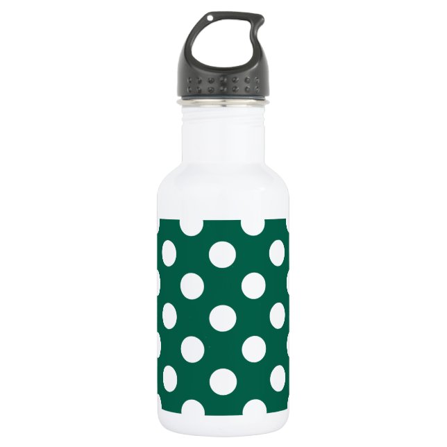 White polka dots on sage green stainless steel water bottle (Front)
