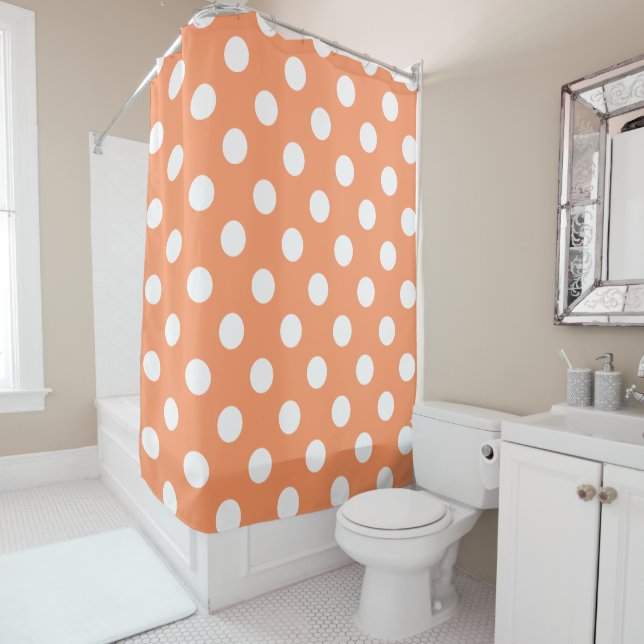 White Polka Dots on Tangerine Orange Shower Curtain (In Situ)
