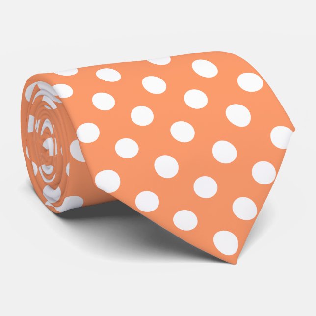 White Polka Dots on Tangerine Orange Tie (Rolled)