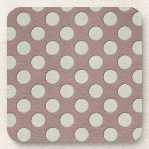 White Polka Dots on Taupe Leather Print Drink Coaster