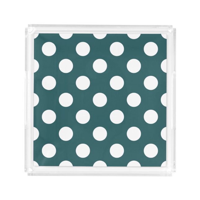 White polka dots on teal acrylic tray (Front)
