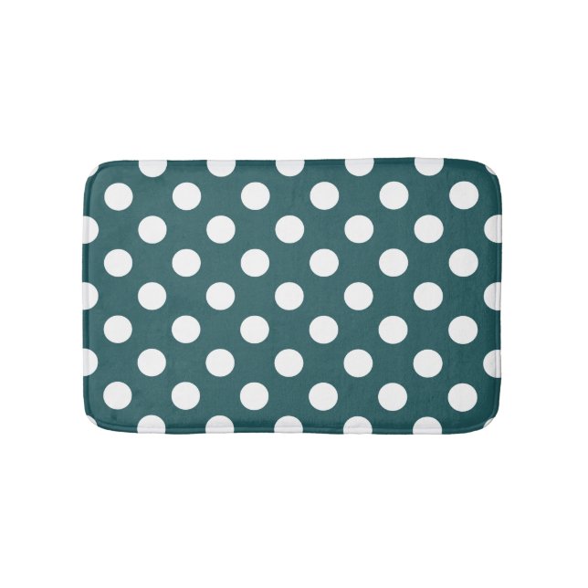 White polka dots on teal bathroom mat (Front)