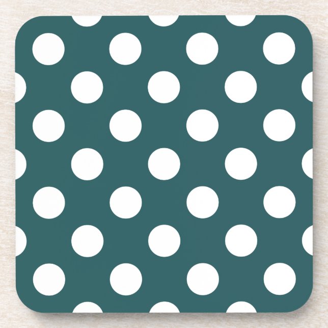 White polka dots on teal beverage coaster (Front)
