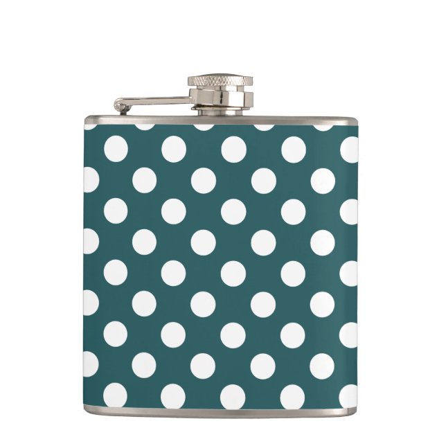 White polka dots on teal flask (Front)