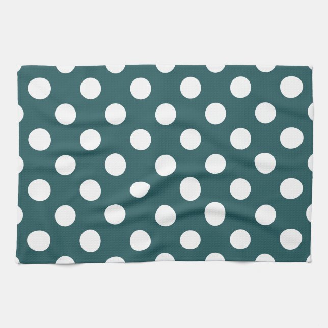 White polka dots on teal kitchen towel (Horizontal)