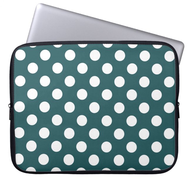 White polka dots on teal laptop sleeve (Front)