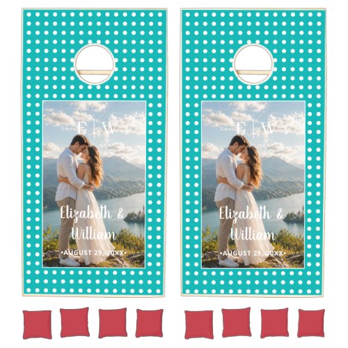 White Polka Dots on Teal – Personalized Wedding Cornhole Set