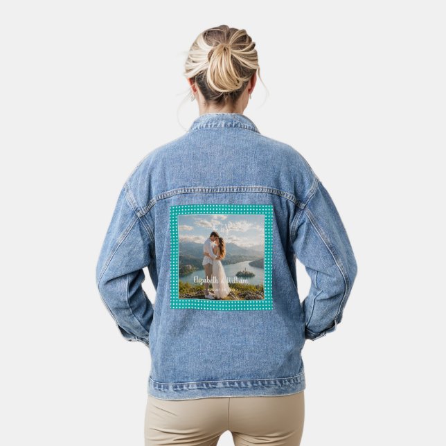 White Polka Dots on Teal – Personalized Wedding Denim Jacket (Model)