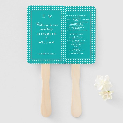 White Polka Dots on Teal – Personalized Wedding Hand Fan