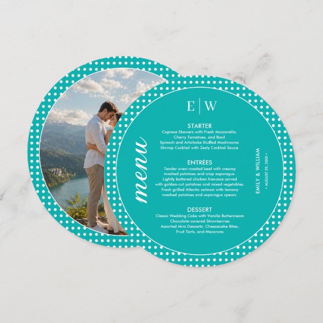 White Polka Dots on Teal – Personalized Wedding Menu (Front/Back)