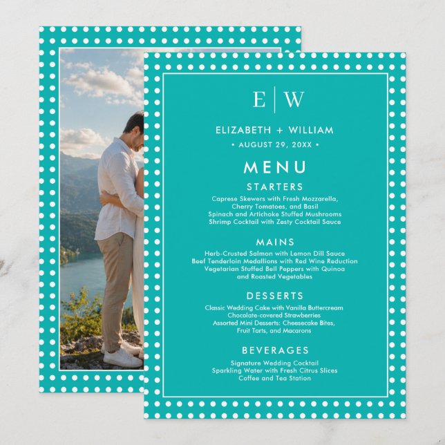 White Polka Dots on Teal – Personalized Wedding Menu (Front/Back)