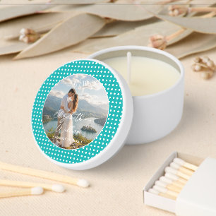 White Polka Dots on Teal – Personalized Wedding Mini Candle Favors