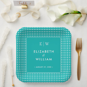 White Polka Dots on Teal – Personalized Wedding Paper Plates