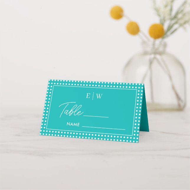 White Polka Dots on Teal – Personalized Wedding Place Card (Front)
