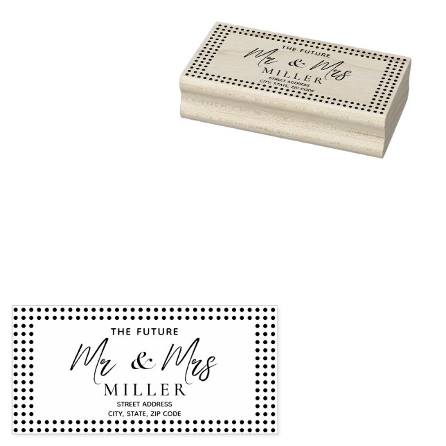 White Polka Dots on Teal – Personalized Wedding Rubber Stamp (Stamped)