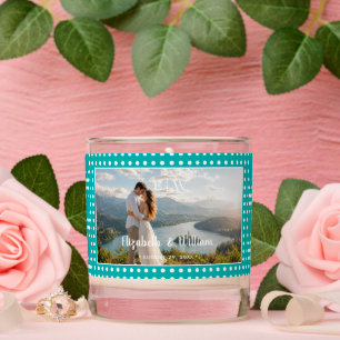 White Polka Dots on Teal – Personalized Wedding Scented Candle