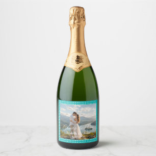 White Polka Dots on Teal – Personalized Wedding Sparkling Wine Label