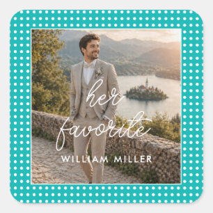 White Polka Dots on Teal – Personalized Wedding Square Sticker