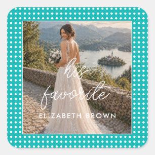White Polka Dots on Teal – Personalized Wedding Square Sticker