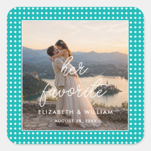 White Polka Dots on Teal – Personalized Wedding Square Sticker