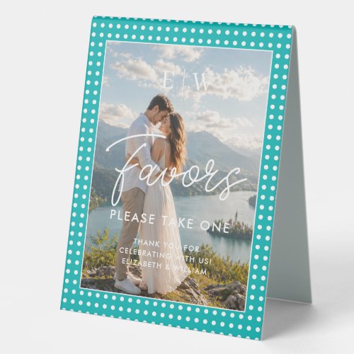 White Polka Dots on Teal – Personalized Wedding Table Tent