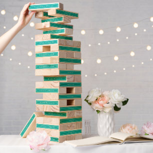 White Polka Dots on Teal – Personalized Wedding Topple Tower