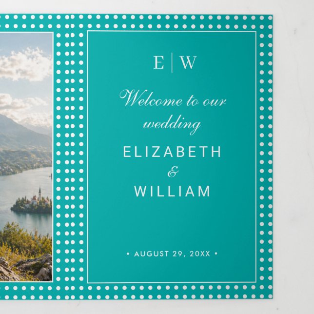 White Polka Dots on Teal – Personalized Wedding Tri-Fold Program (Cover)
