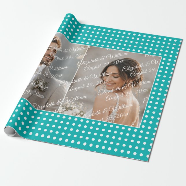 White Polka Dots on Teal – Personalized Wedding Wrapping Paper (Unrolled)