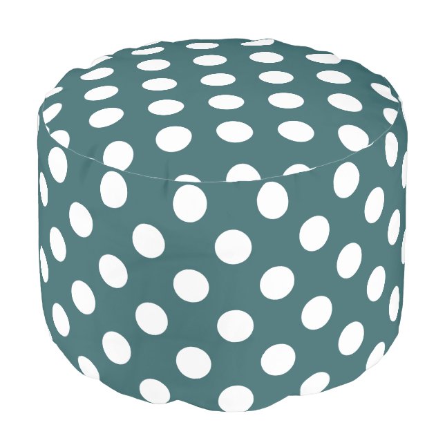White polka dots on teal pouf (Angled Front)