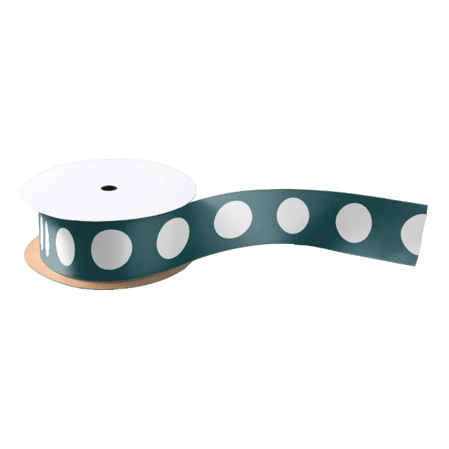 White polka dots on teal satin ribbon (Spool)