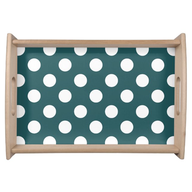 White polka dots on teal serving tray (Front)