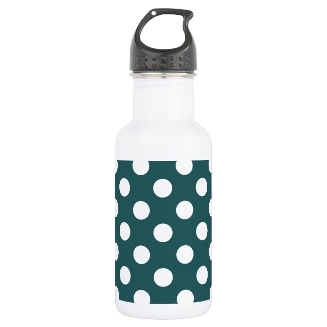 White polka dots on teal stainless steel water bottle (Front)