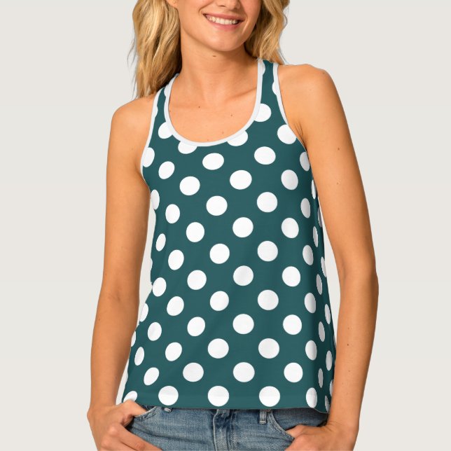 White polka dots on teal tank top (Front)