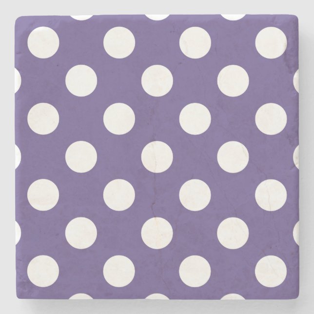 White polka dots on ultra violet stone coaster (Front)
