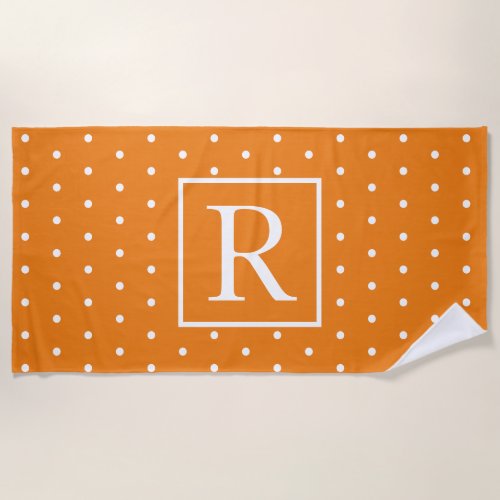 White Polka Dots Orange Monogram Initials Cute Beach Towel