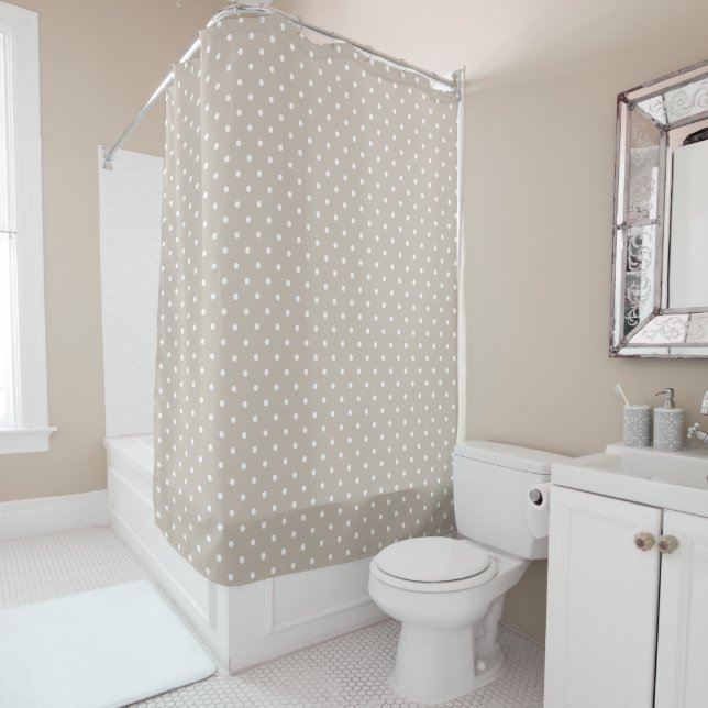 White Polka Dots Pattern On Beige Shower Curtain (In Situ)
