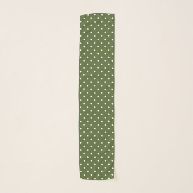 White Polka Dots Pattern On Olive Green Scarf (Front)