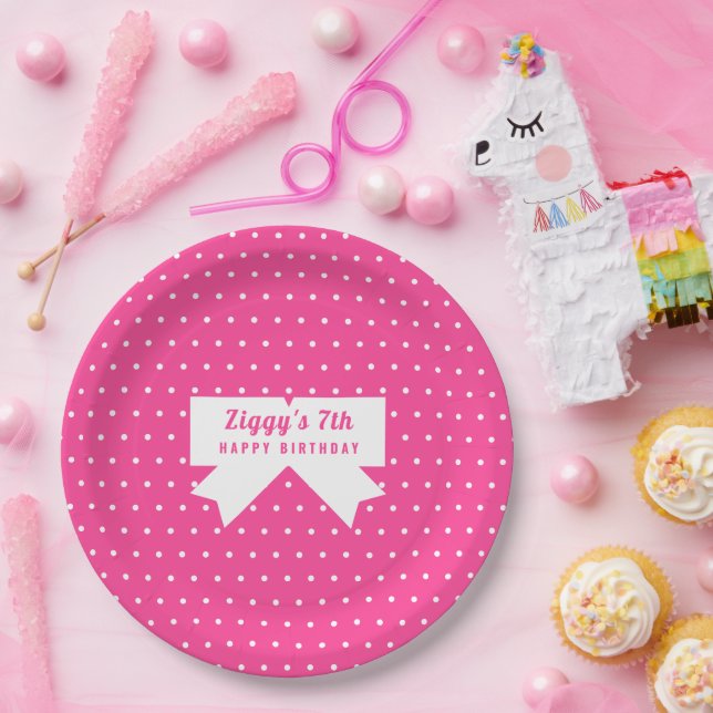White Polka Dots Pink Paper Plate (Party)