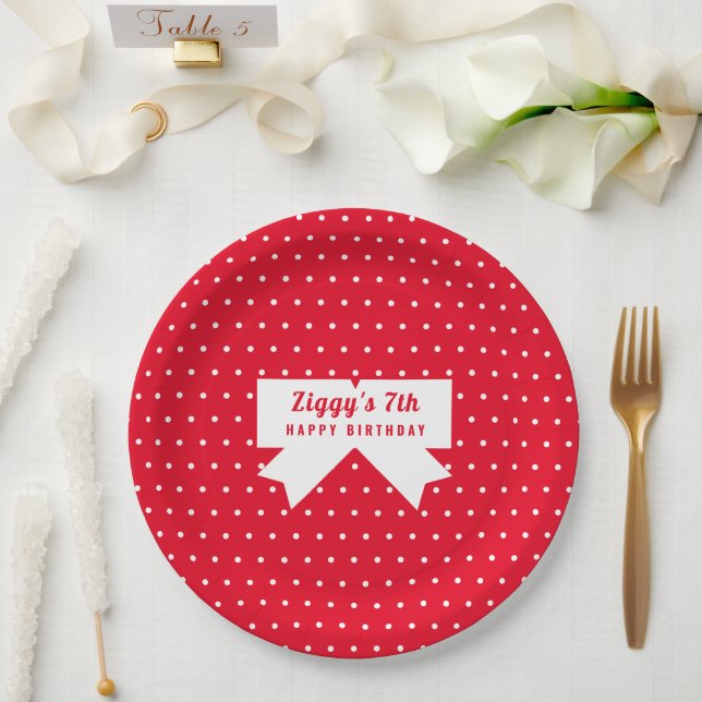 White Polka Dots Red Paper Plate (Wedding)