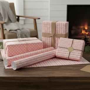 White Polka Dots Stripes Peach Blush Pink Mauve Wrapping Paper Sheets