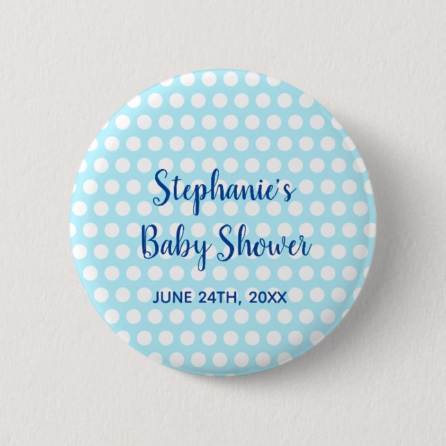 White Polka Dots Teal Blue Girl Boy Baby Shower Button (Front)