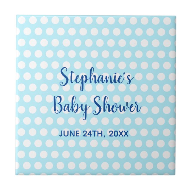 White Polka Dots Teal Blue Girl Boy Baby Shower Ceramic Tile (Front)