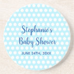 White Polka Dots Teal Blue Girl Boy Baby Shower Coaster<br><div class="desc">Designed with cute white polka dots patterns in teal background with text templates in blue for name,  event & date which you can personalize.</div>