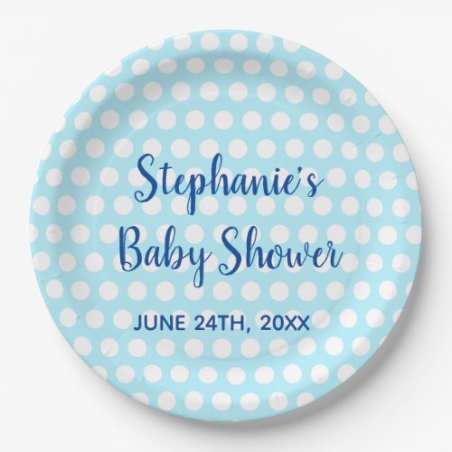 White Polka Dots Teal Blue Girl Boy Baby Shower Paper Plates