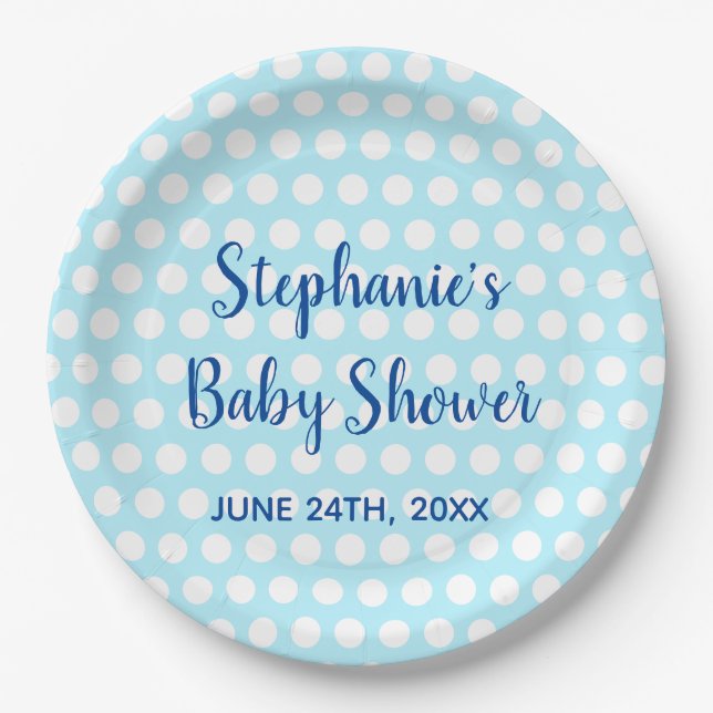White Polka Dots Teal Blue Girl Boy Baby Shower Paper Plates (Front)