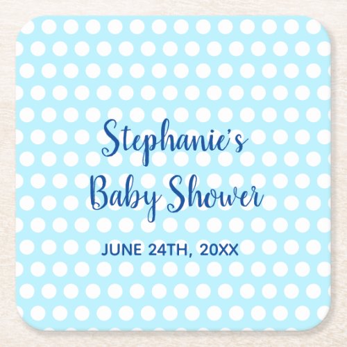 White Polka Dots Teal Blue Girl Boy Baby Shower Square Paper Coaster